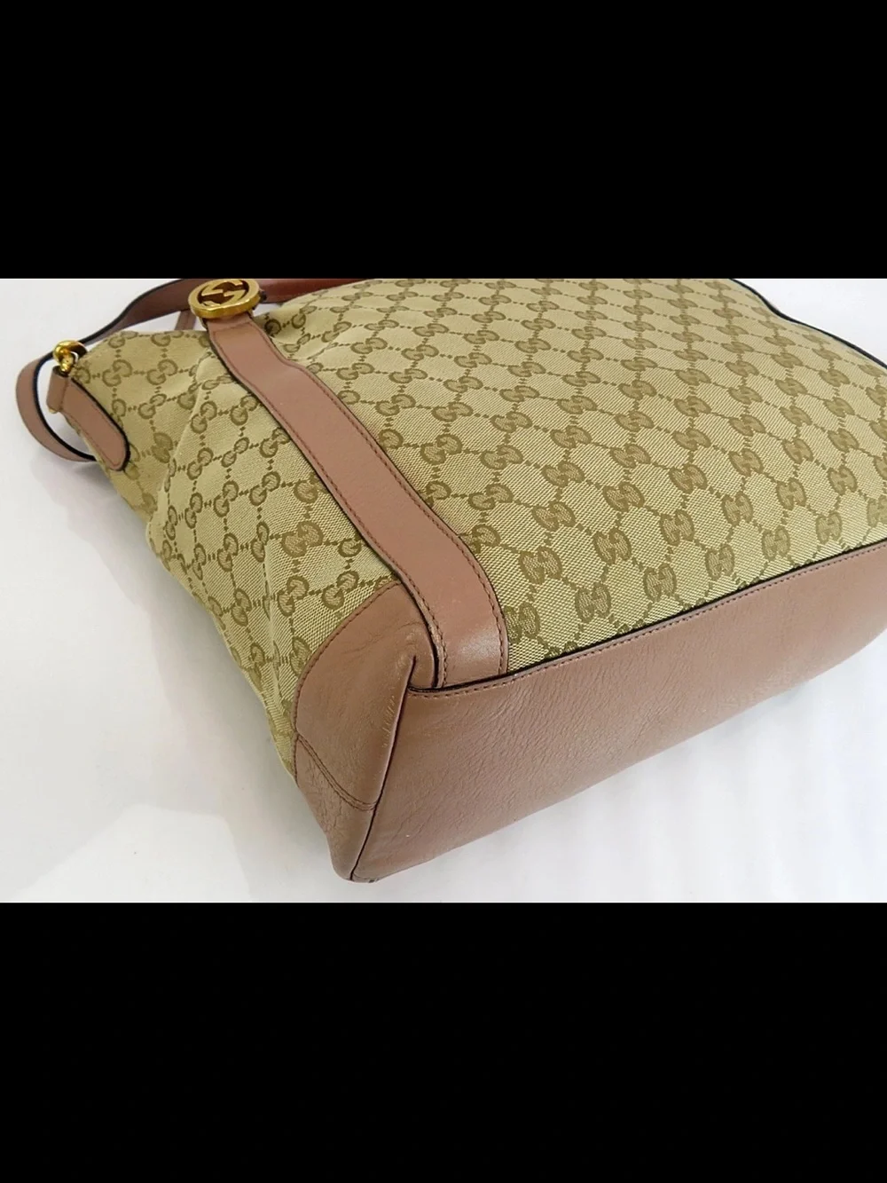 Gucci Beige GG Canvas Tote with Brown Leather Accents